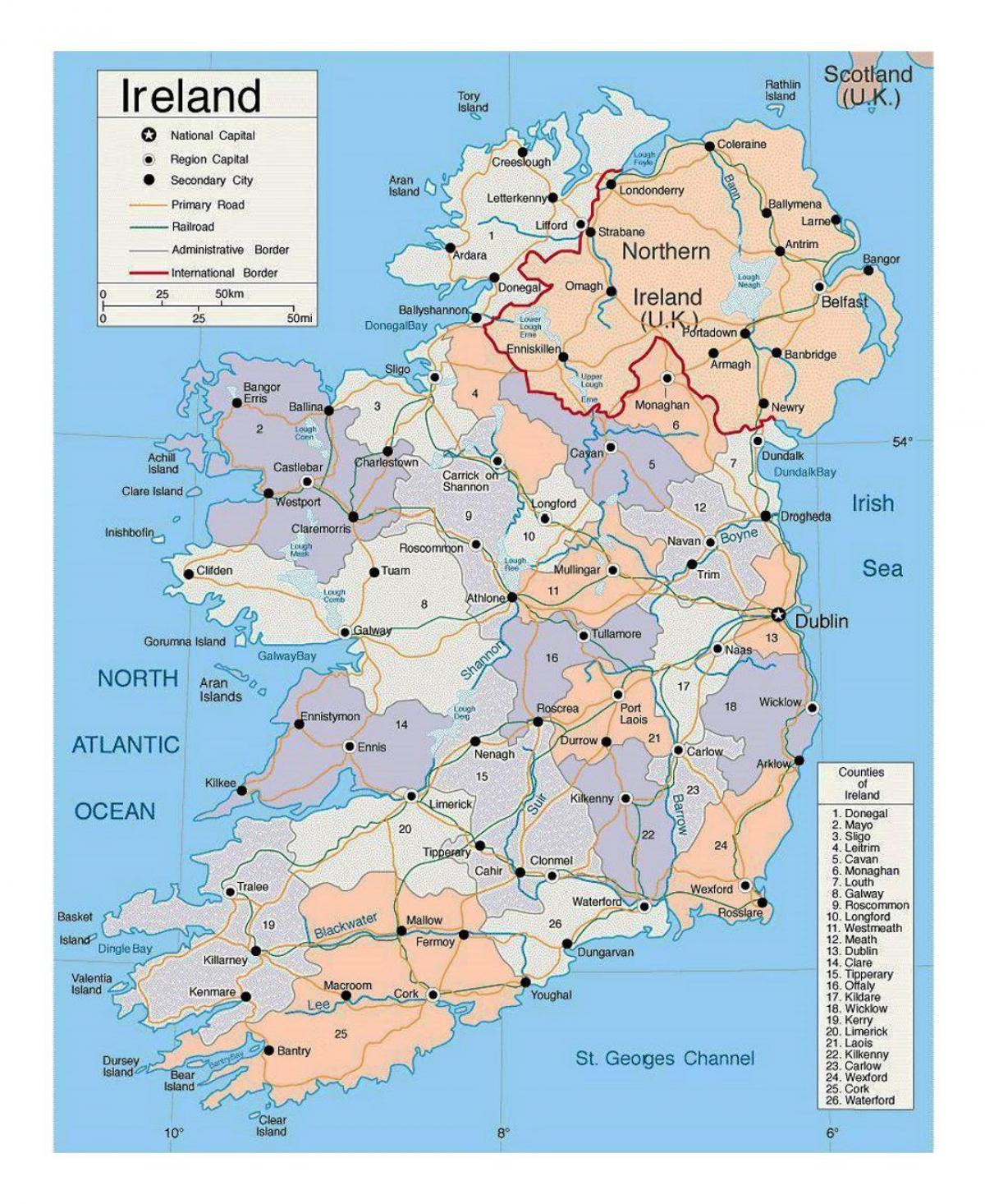 mapa con las ciudades de irlanda