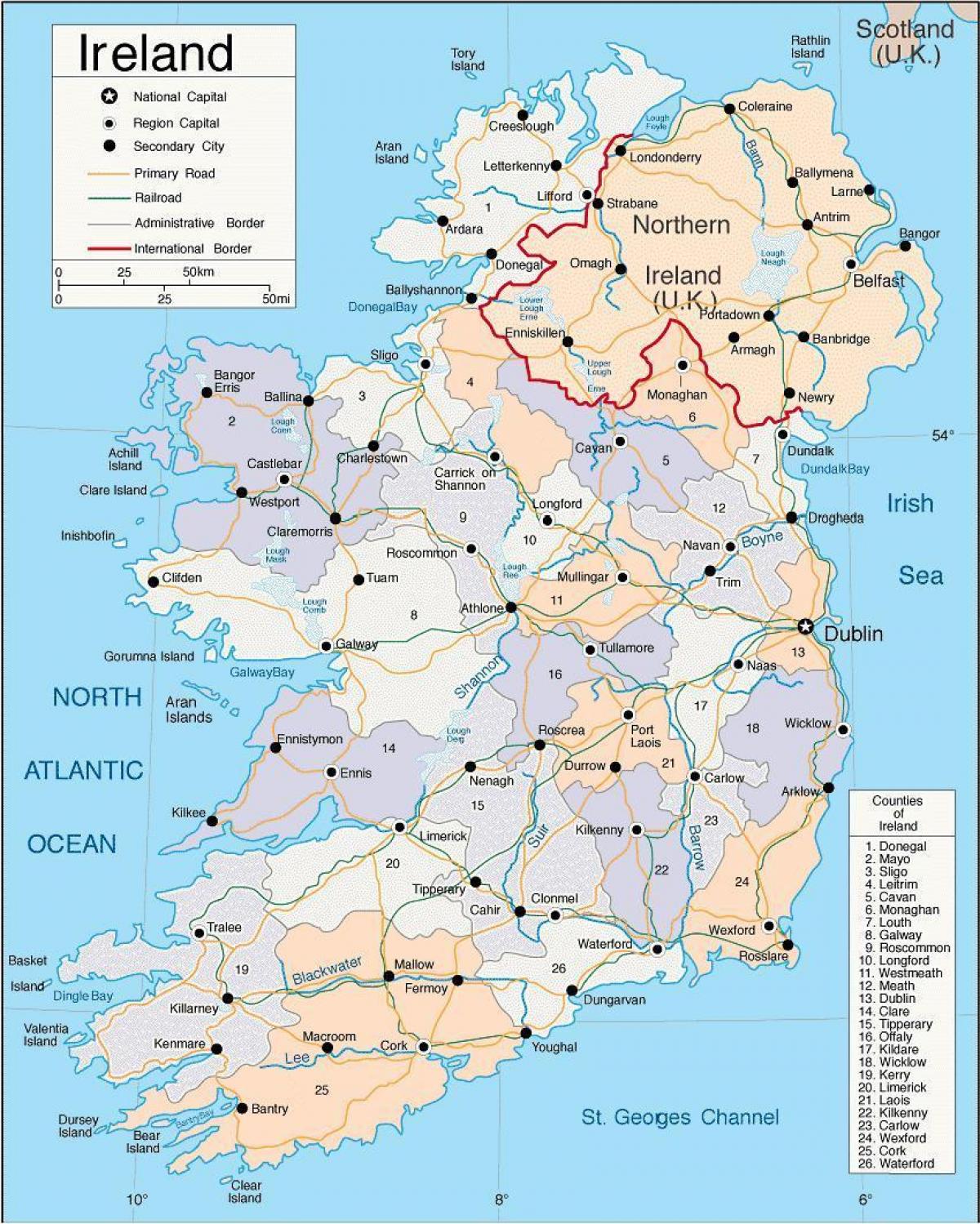 el condado de mapa de irlanda con las ciudades