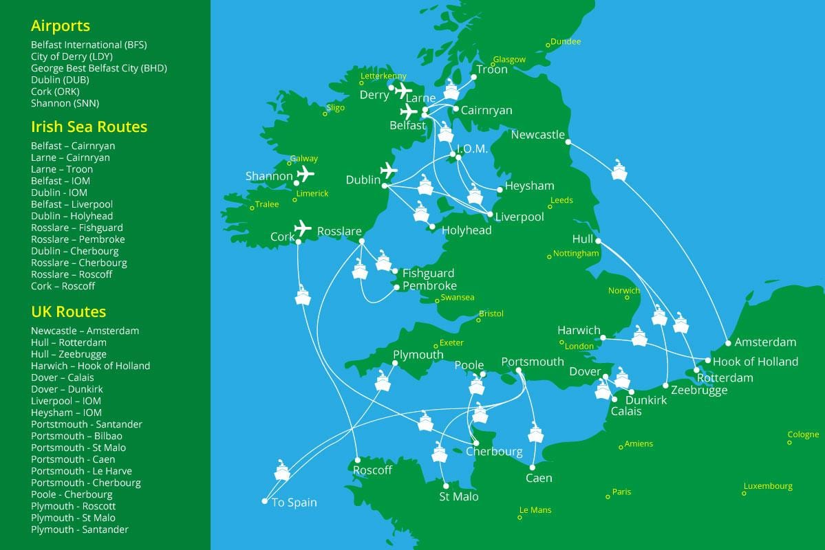 mapa de servicios de ferry a irlanda