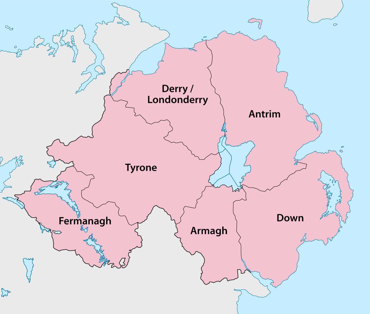 mapa de irlanda del norte de los condados y ciudades