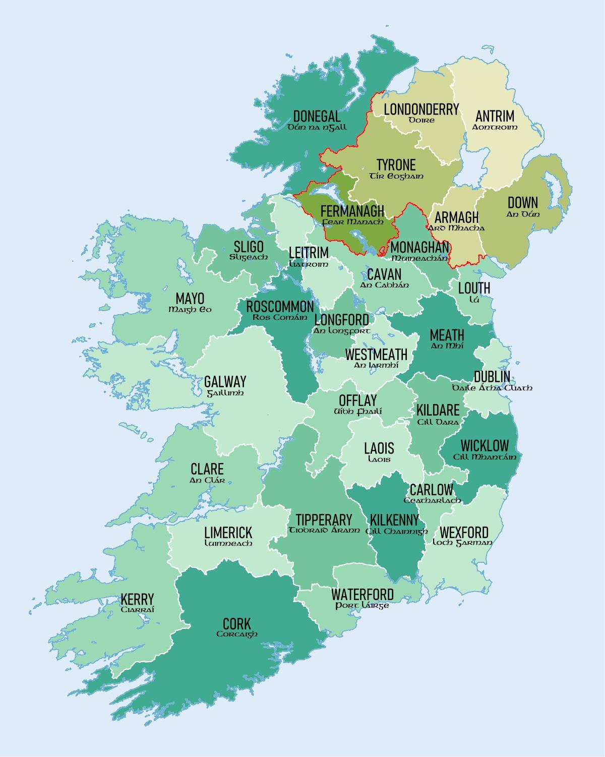 mapa del sur de irlanda, que muestra los condados de