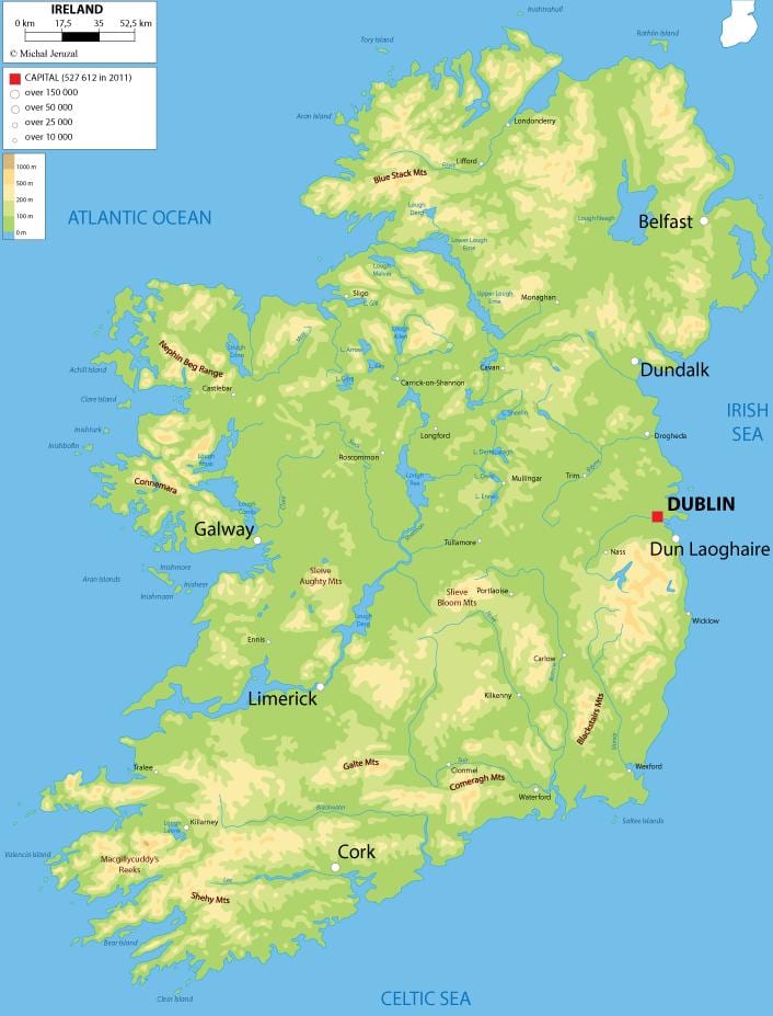 mapa en relieve de irlanda