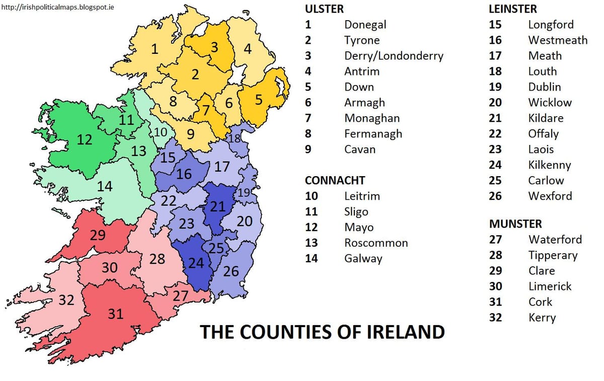 mapa de irlanda, que muestra las provincias