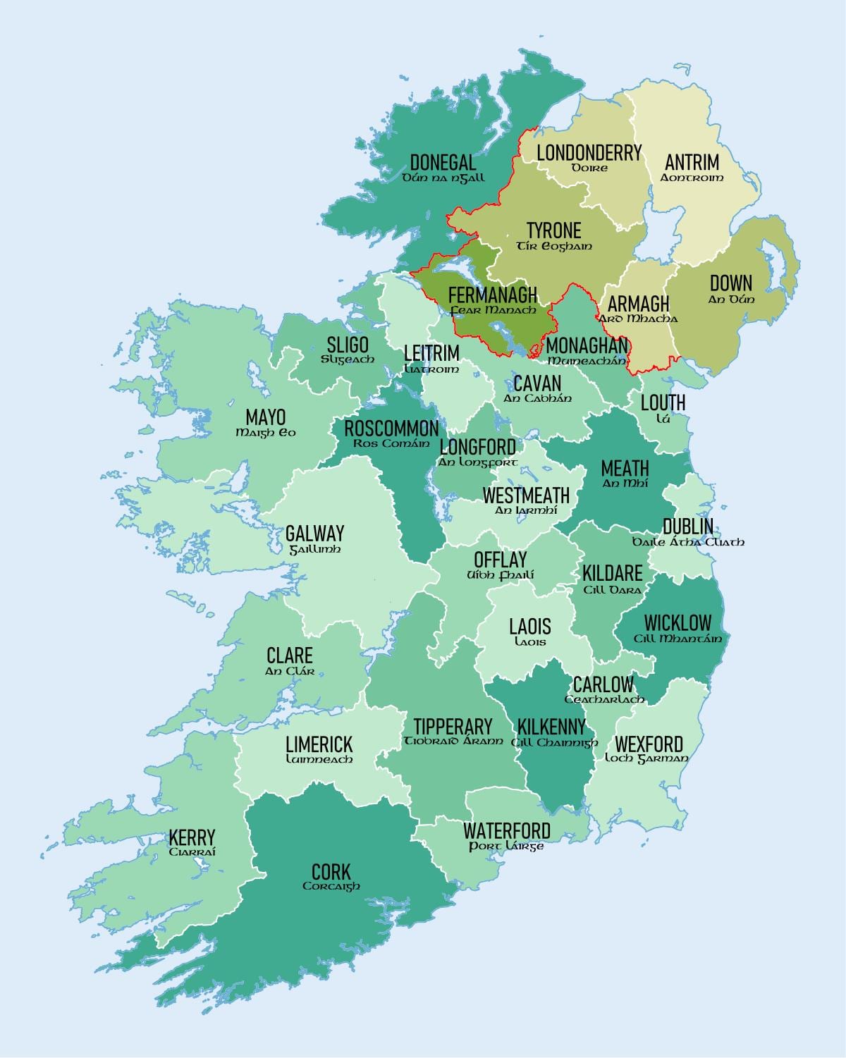 mapa de la república de irlanda, que muestra los condados de